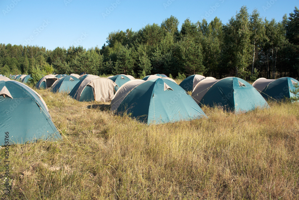 Camping. Many tents. Nobody. Summer.