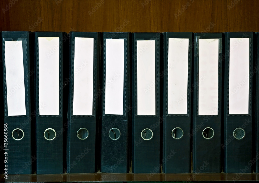 Wooden Shelf with document Folders and blank label