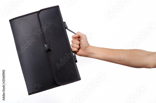 human hand holding briefcase isolated
