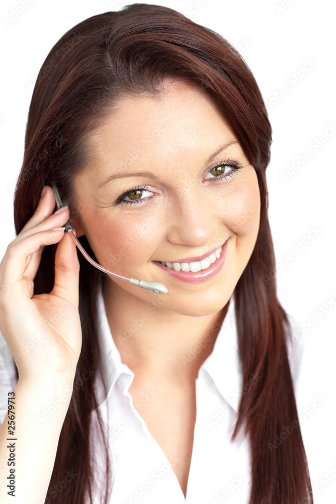 Smiling young businesswoman wearing headphones Smiling young businesswoman wearing headphones