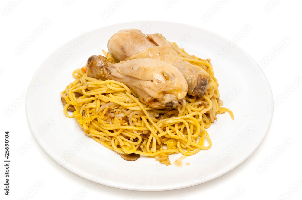 chicken and noodles with sweet chilli sauce isolated chicken and noodles with sweet chilli sauce isolated