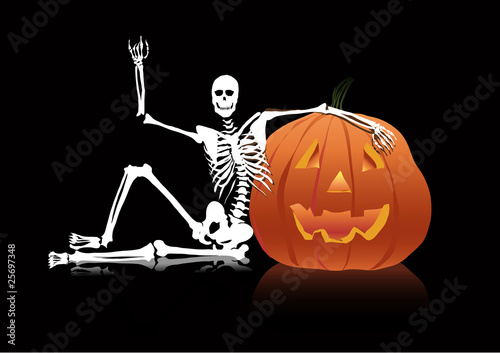 Halloween skeleton sitting near pumpkin head