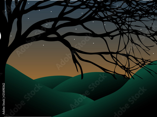 Curvy Creepy Tree at dusk with stars and hills