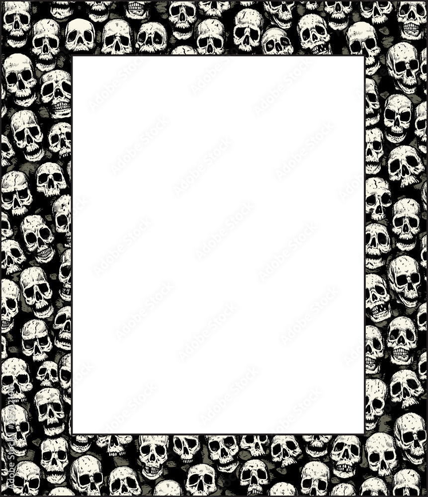 Wall of skulls, with sheet in front for images or poster.