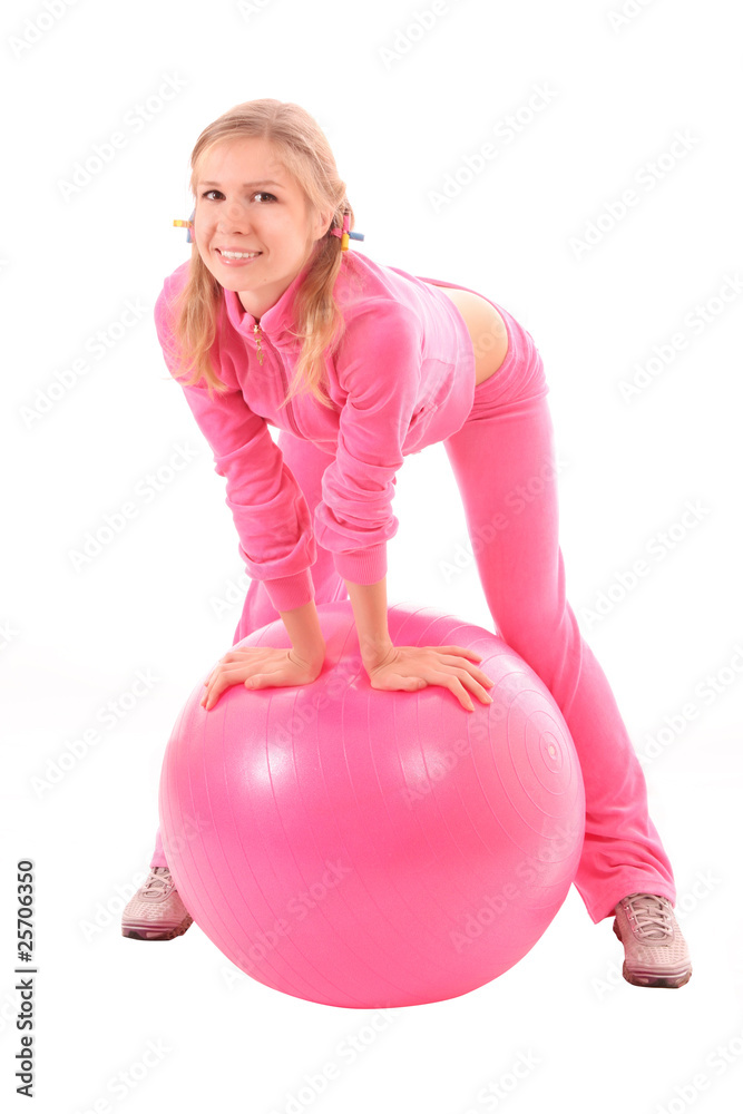 Woman with Exercise ball isolated on white