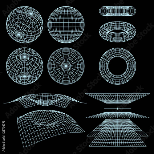 Geometry, Mathematics and Perspective wireframe symbols. Vector #25706793
