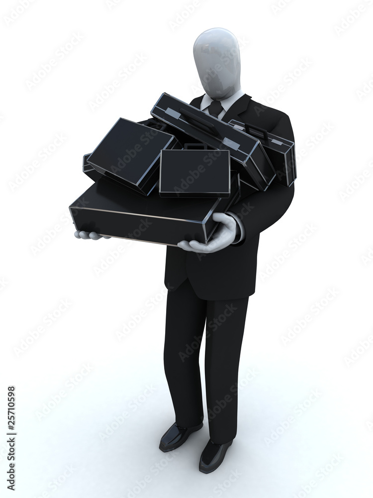 Business character with heap of suitcases in hands Business character with heap of suitcases in hands