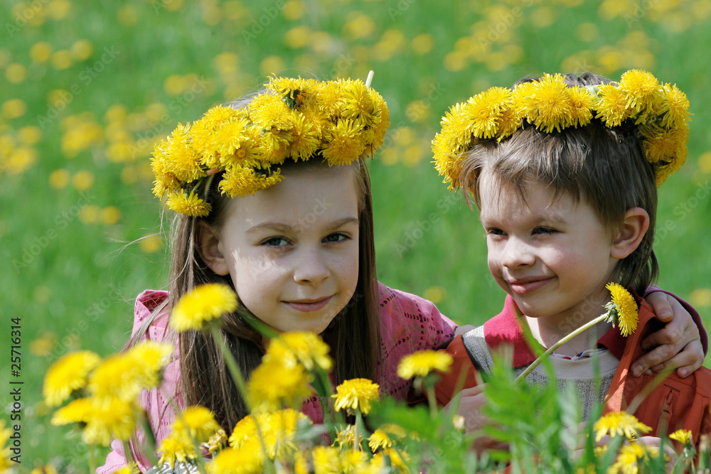 Brother and sister with dandelion garlands Brother and sister with dandelion garlands