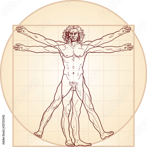 «Homo vitruviano». So-called The Vitruvian man a.k.a. Leonardo's man. Detailed drawing on the basis of artwork by Leonardo da Vinci, executed him c. 1490 (in 1487 or 1490 or 1492). photo