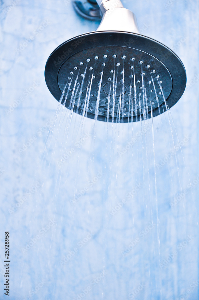 shower with water drops in blue bathroom shower with water drops in blue bathroom