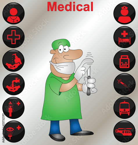 Surgeon with a selection of medical icons