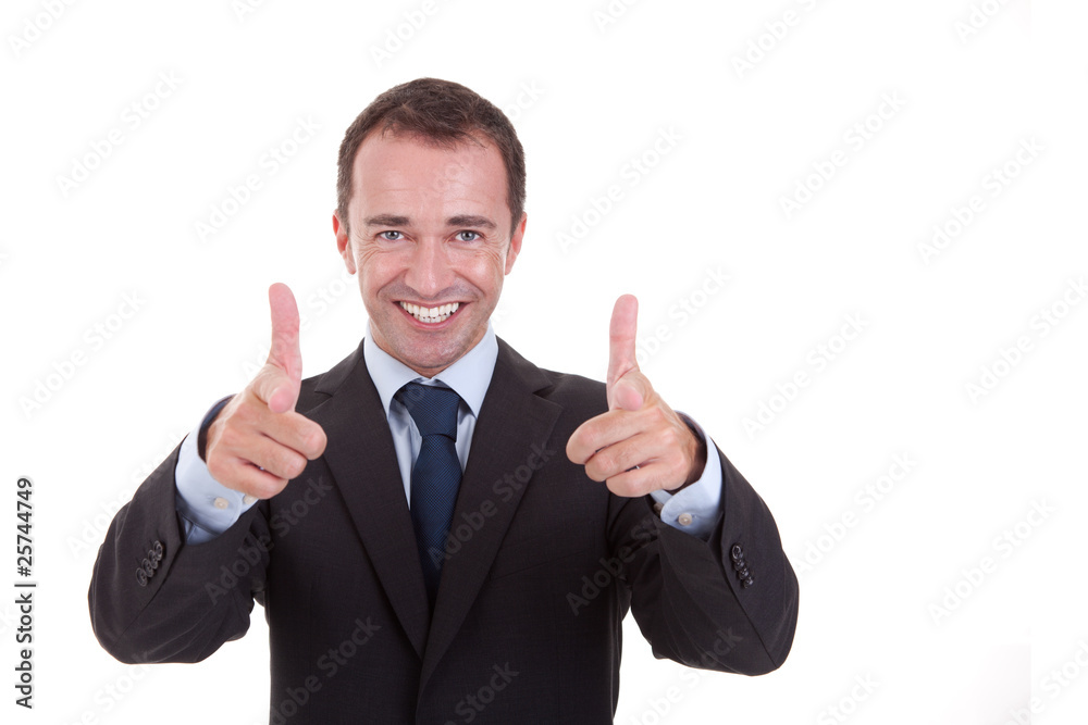 Young businessman with thumb raised as a sign of success Young businessman with thumb raised as a sign of success