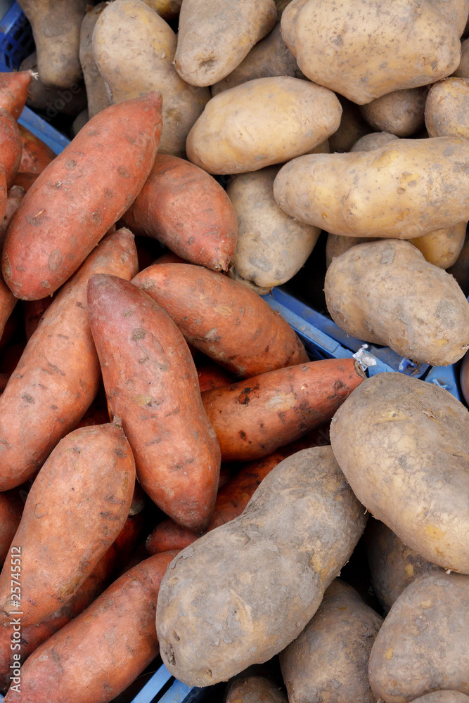 Organic potatoes and sweet potatoes at local market