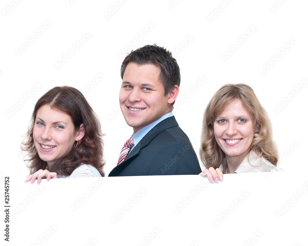 Three young people a businessmen holding placard Three young people a businessmen holding placard