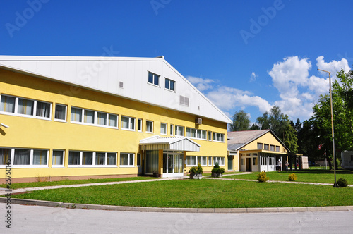Yellow and white buildings with blue sky background