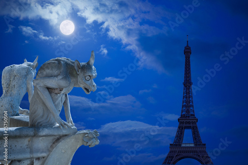 Notre Dame Chimeras and Eiffel tower under the moon of Paris