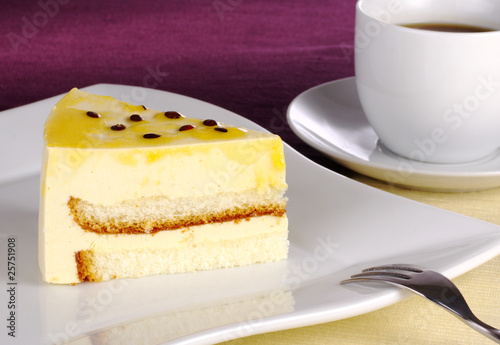 Passionfruit cake with coffee (Selective Focus) photo