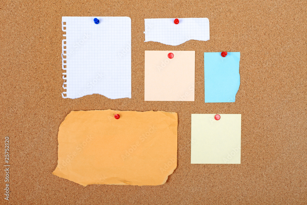 Group of empty paper attached to cork board. Group of empty paper attached to cork board.