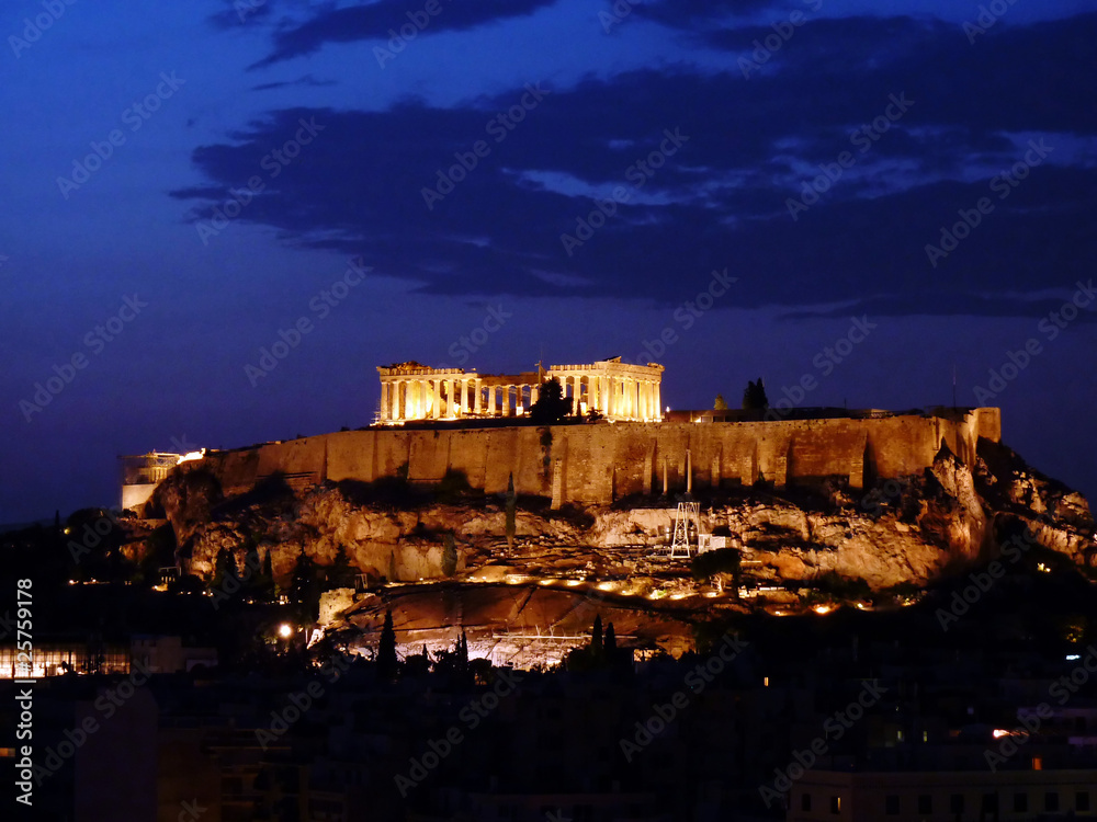 Acropolis lit in the twilight