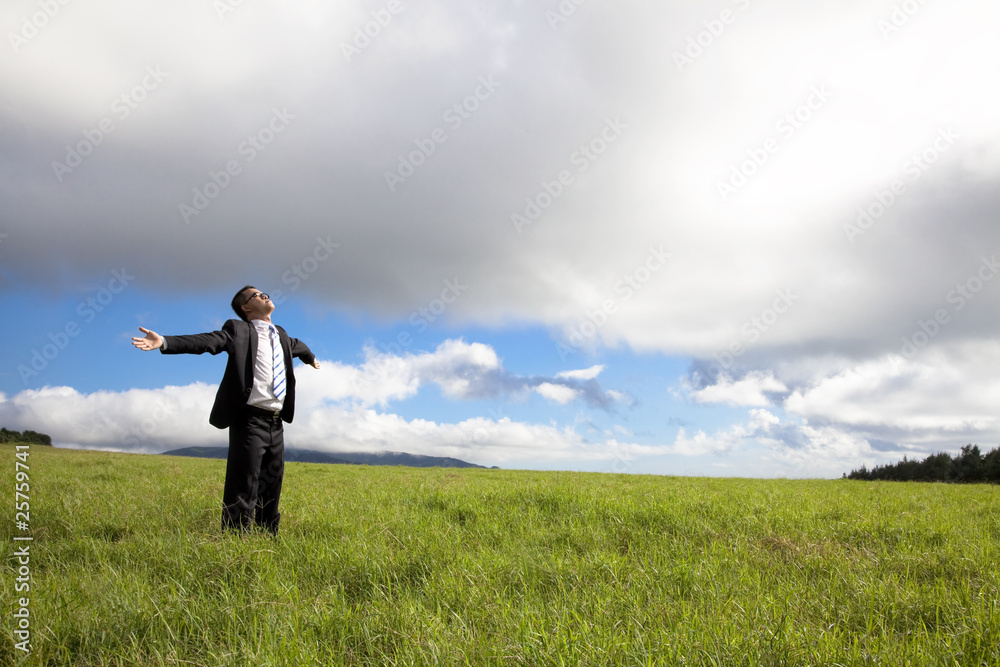 Relaxation businessman standing on the green field Relaxation businessman standing on the green field
