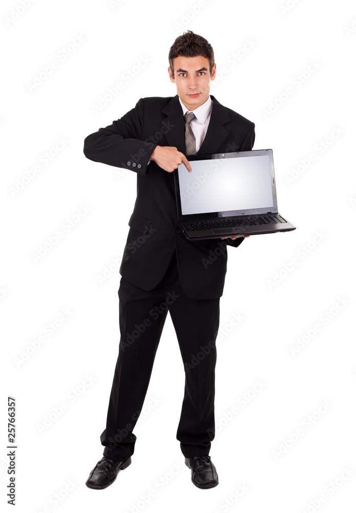 Business man pointing at a laptop computer Business man pointing at a laptop computer
