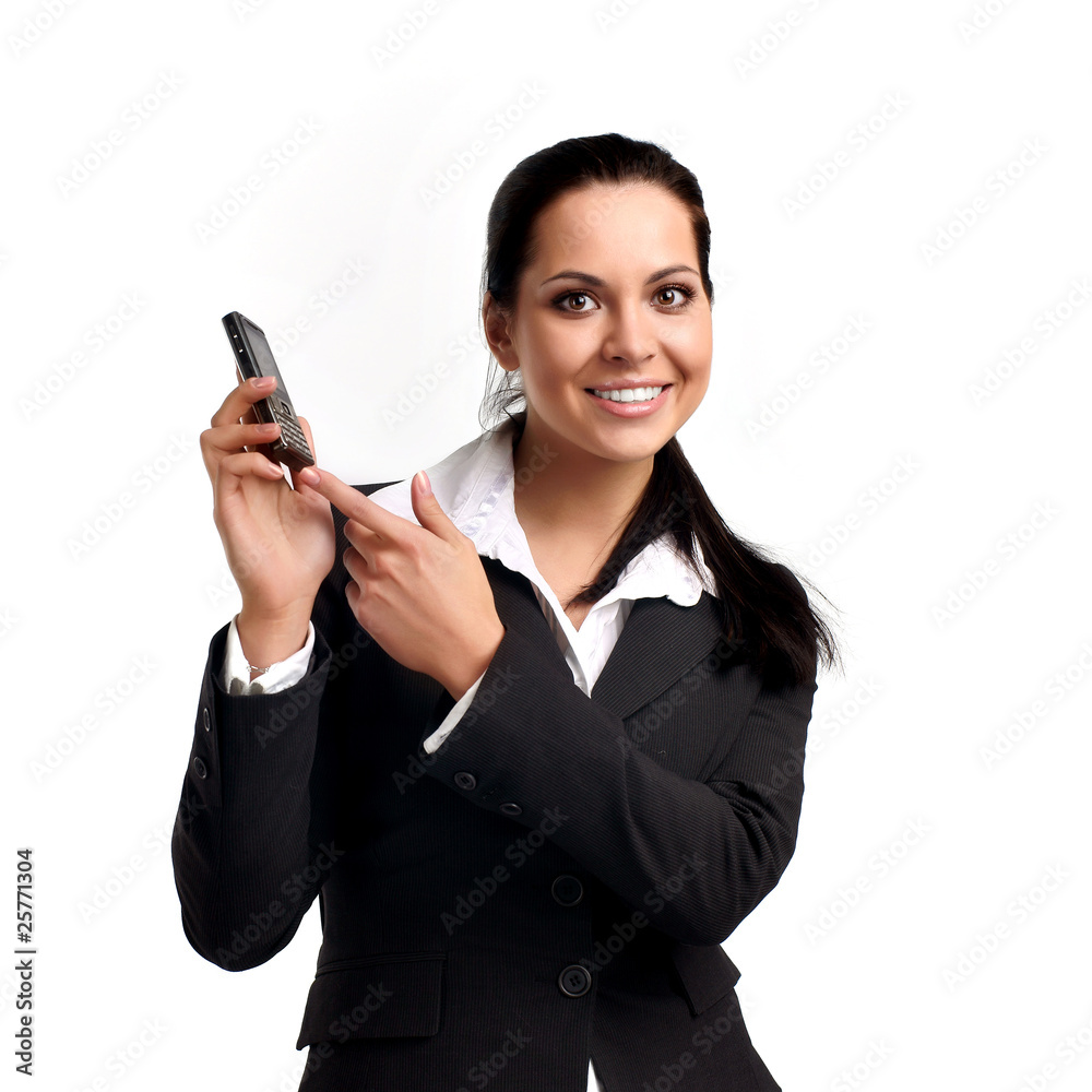 attractive young woman calling by cellular phone. Isolated over attractive young woman calling by cellular phone. Isolated over