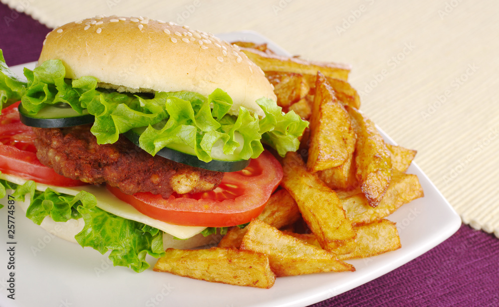Hamburger with French fries (Selective focus) Hamburger with French fries (Selective focus)
