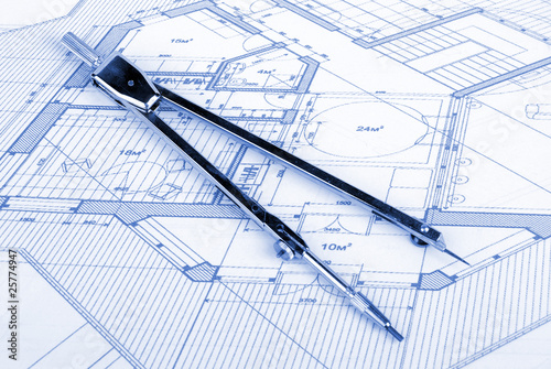 bow compass on blueprint