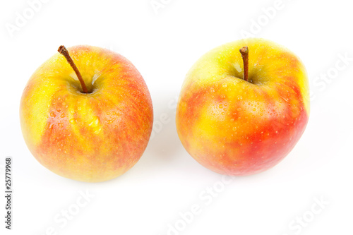Two juicy apples with water drops over white background