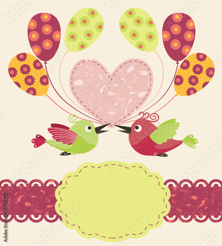greeting template with birds,heart and balloons