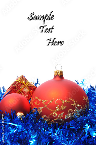 Red christmas balls on blue chains