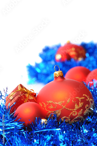 Red christmas balls on blue chains