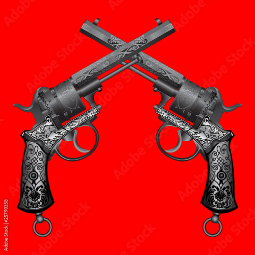 two old guns with ornament on red background