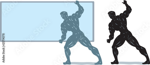 Bodybuilder holding screen.