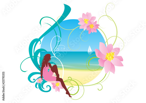 dark girl in pink dress sitting on the seashore illustration with flowers and yacht