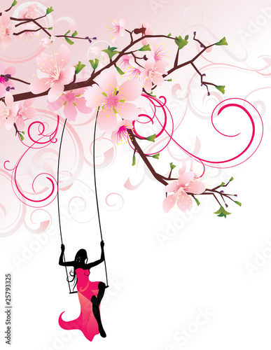 cherry blossom branch and girl on swings