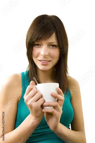 girl with coffee cup (isolated on white)