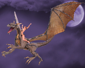 Fotobehang Draken Drakendame onder fantasiehemel  © DM7