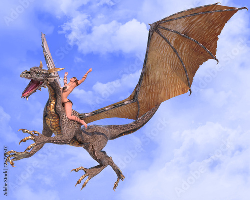 lady dragon hands up blue sky