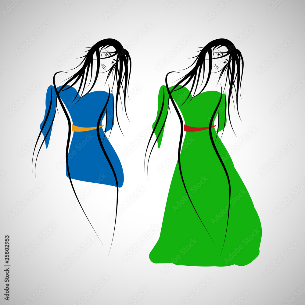 Set of 2 fashion girl dress. Vector illustration.