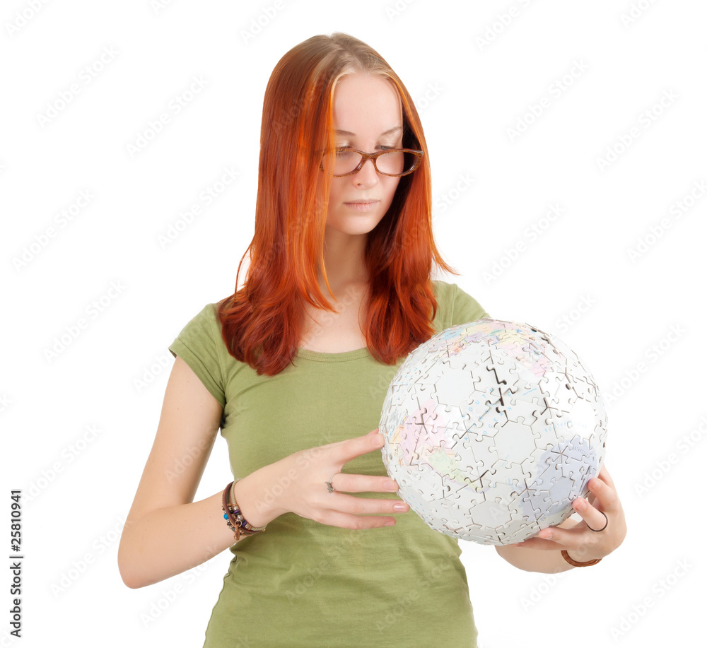 Young girl wearing glasses holding globe isolated on white. Young girl wearing glasses holding globe isolated on white.