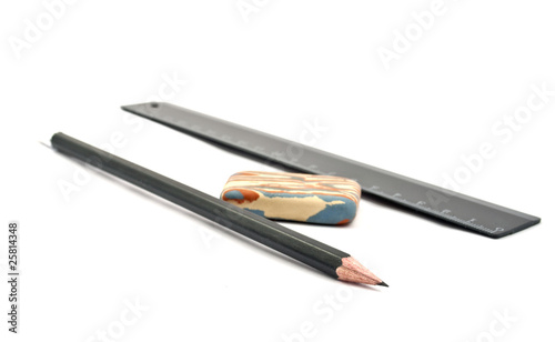 erasers, pencil, ruler