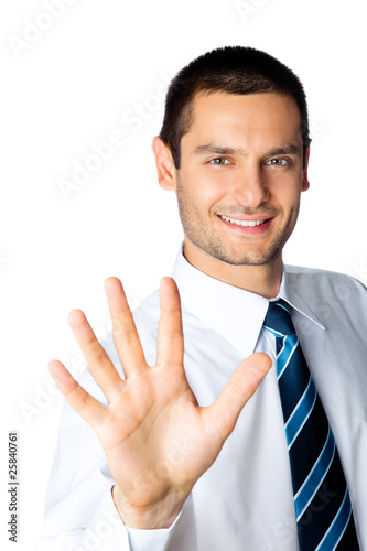 Happy businessman showing five fingers, isolated on white