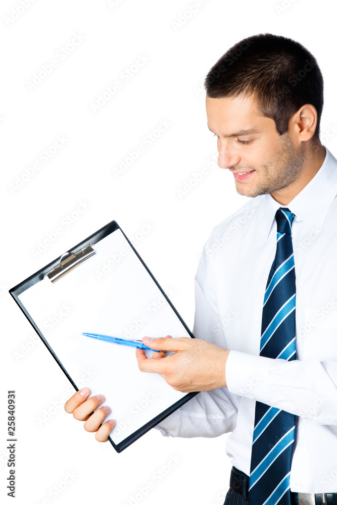 Young businessman showing signboard, isolated on white Young businessman showing signboard, isolated on white