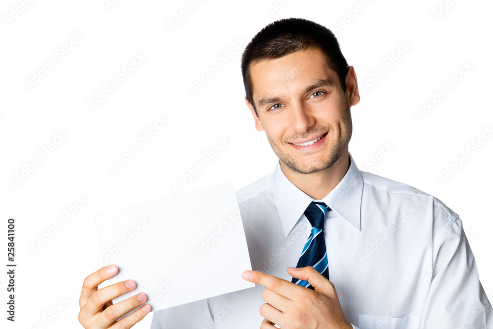 Young businessman showing signboard, isolated on white Young businessman showing signboard, isolated on white
