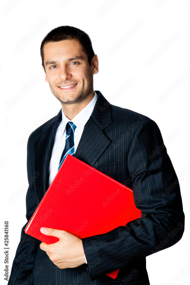 Portrait of smiling businessman with red folder, isolated Portrait of smiling businessman with red folder, isolated