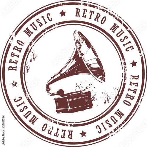 Grunge rubber stamp with the word retro music written inside