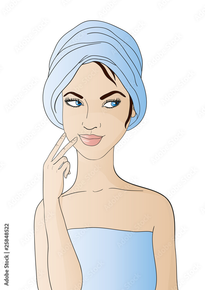 Vector illustration of pretty girl with blue towel on her head Vector illustration of pretty girl with blue towel on her head