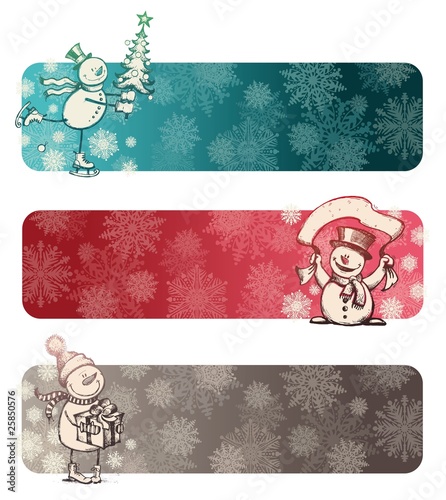 Three chrismas banners with hand drawn snowmans