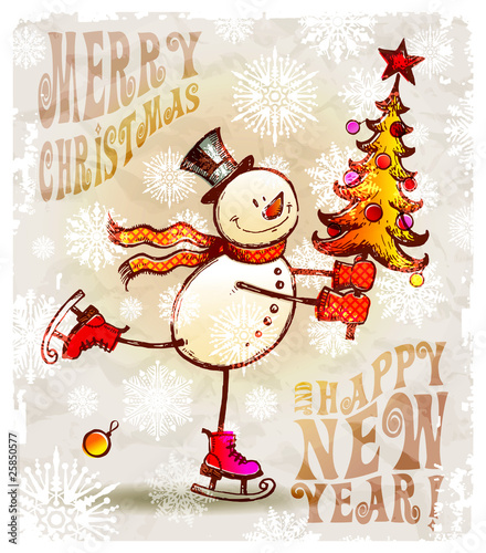 Skating happy snowman with christmas tree